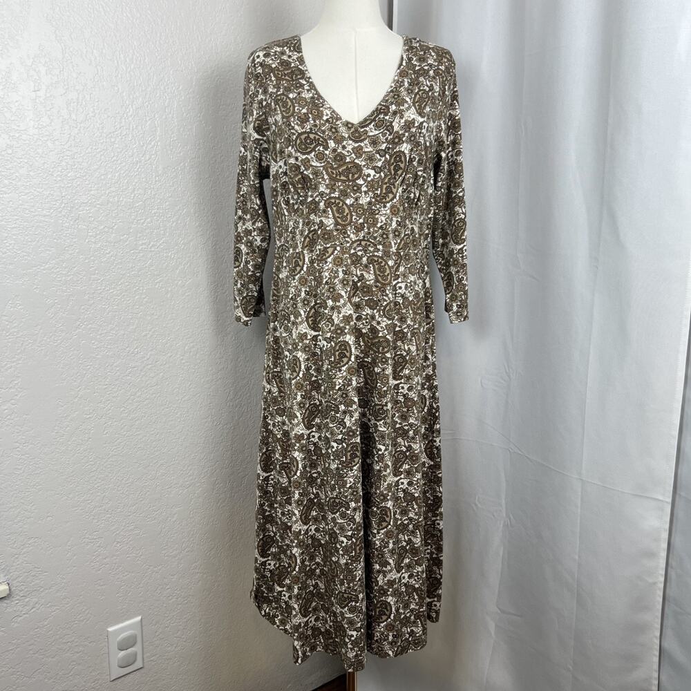 Sahalie Midi Dress Womens Large Brown‎ Paisley Babydoll Stretch Boho Cottagecore